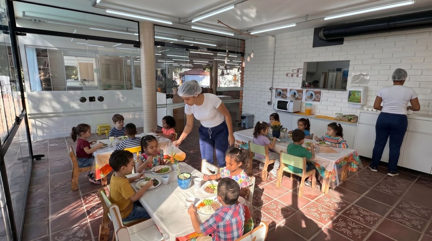 Crianças sentadas à mesa durante a refeição, acompanhadas por educadoras