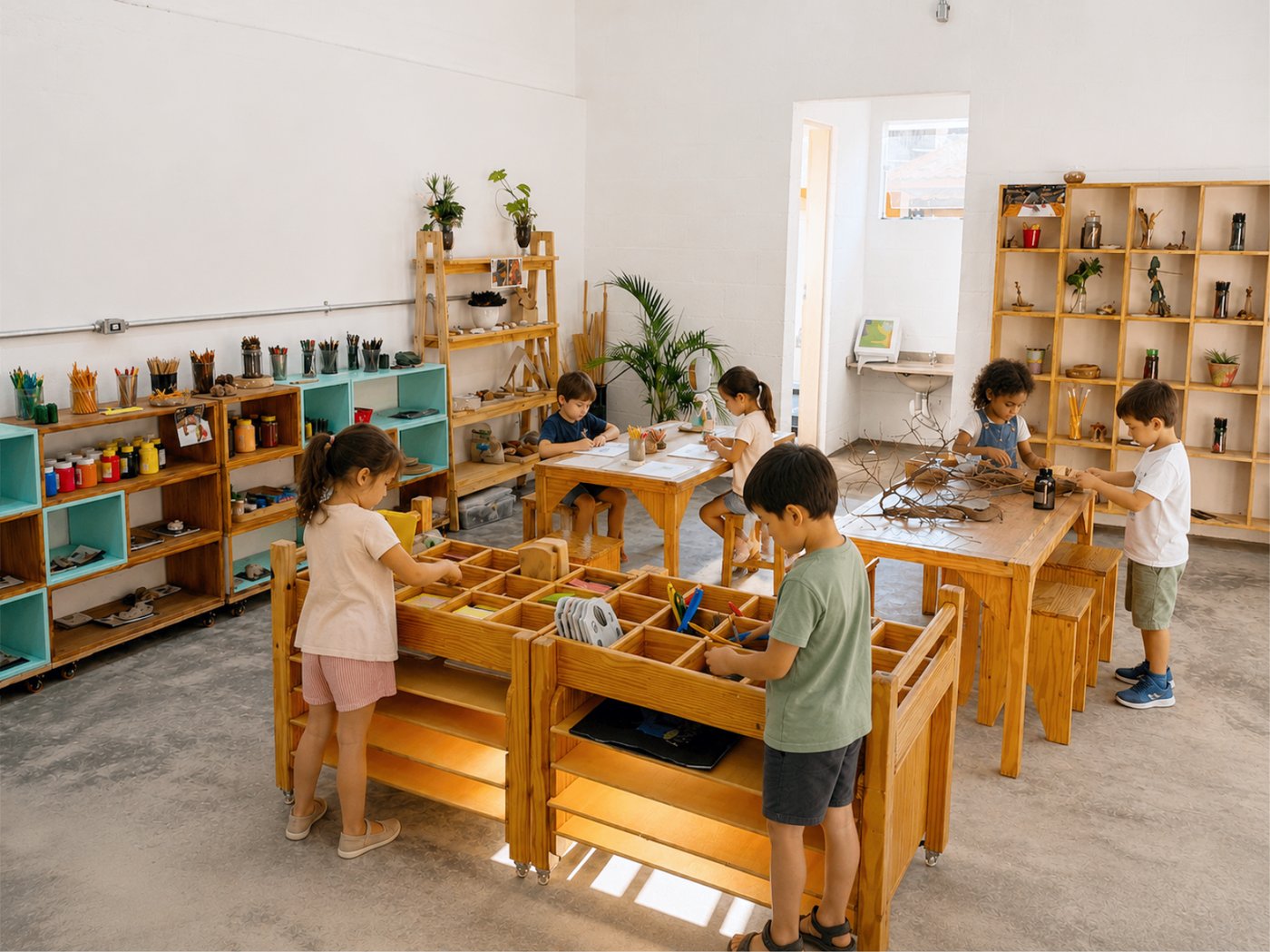 Crianças em ateliê explorando materiais de madeira, desenhos e objetos naturais em estantes e mesas