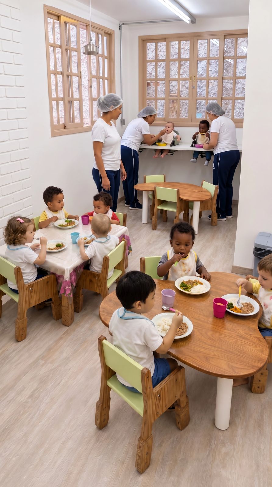 Crianças pequenas em refeitório escolar com pratos brancos, acompanhadas por educadoras
