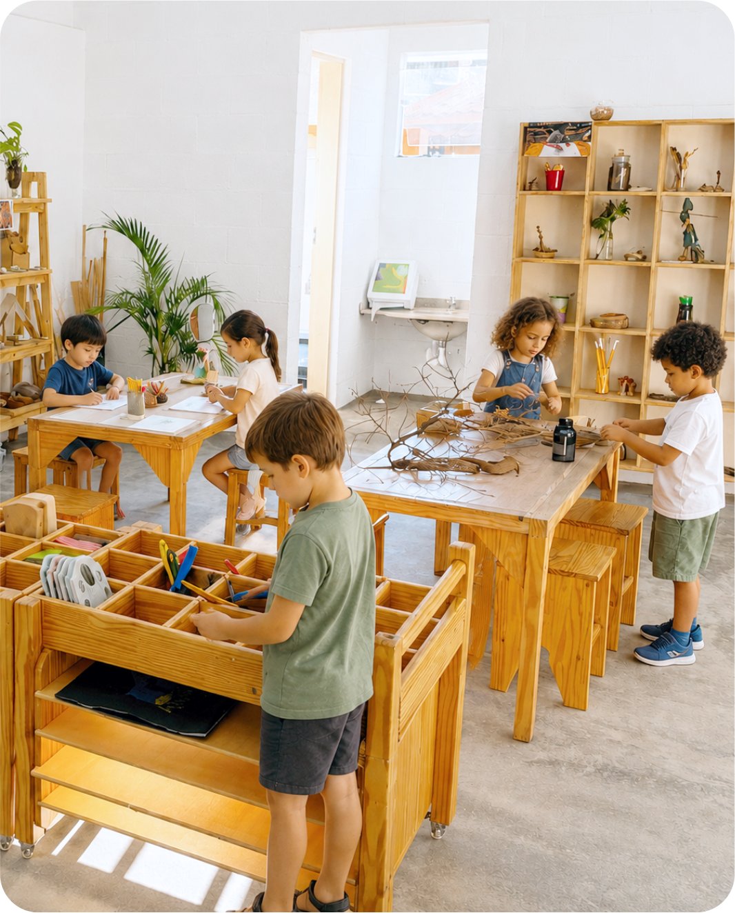 Crianças em sala de atividades montessoriana explorando materiais de madeira