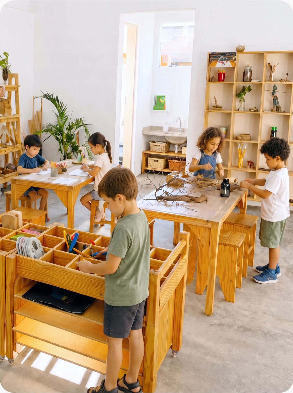 Crianças em sala de atividades montessoriana explorando materiais de madeira