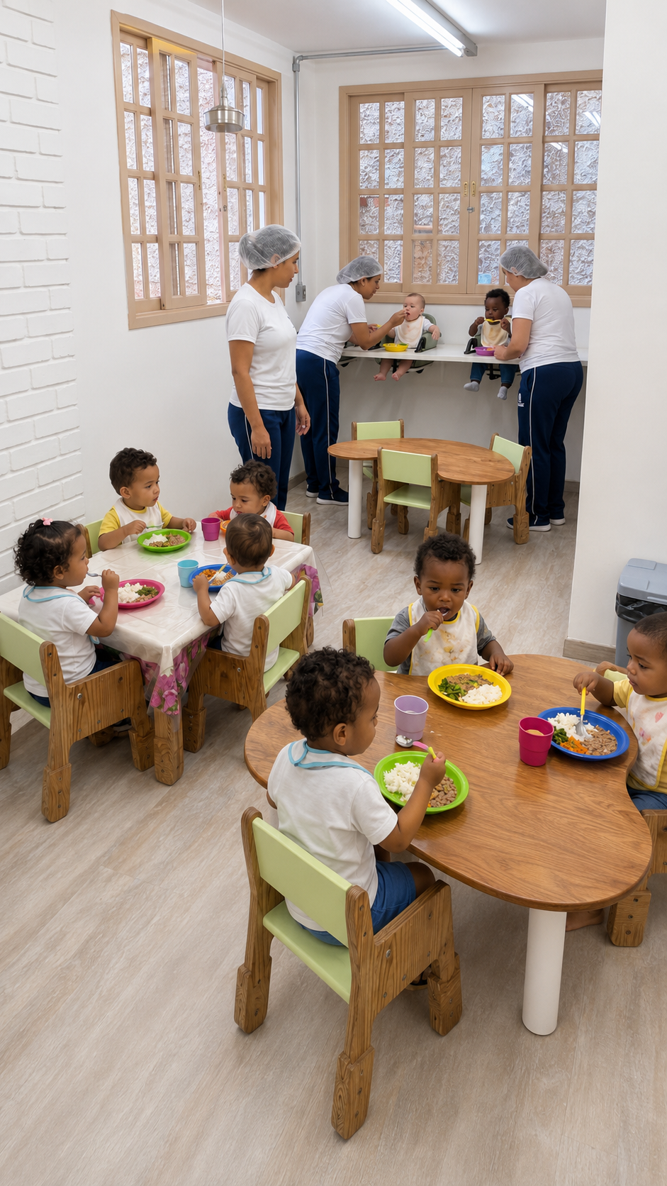 Crianças sentadas em mesas de refeitório durante a hora da alimentação